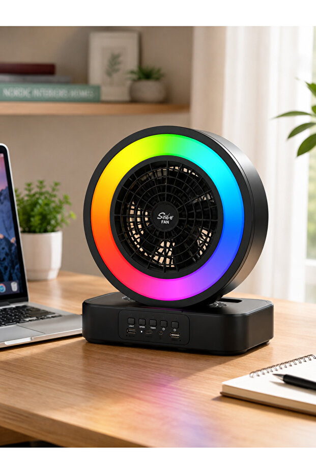 مكبر صوت بلوتوث ومروحة صغيرة 2 في 1 مع إضاءة LED، مروحة مكتبية محمولة قابلة لإعادة الشحن، مكبر صوت لاسلكي يعمل بـ USB للمنزل والمكتب والسيارة