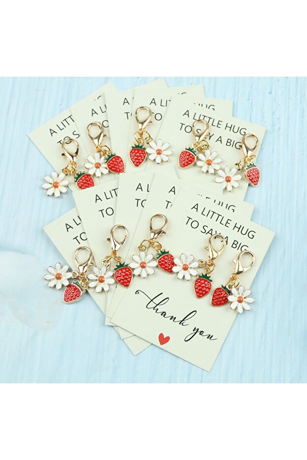10pcs 5/10pcs Mini Strawberry Daisy Keychain Set with Pocket Hug Card, Cute Floral Fruit Charm Gift