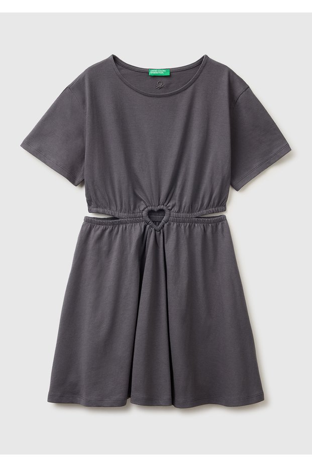 Girl's dark brown short-sleeve dress with heart detail at the waist
