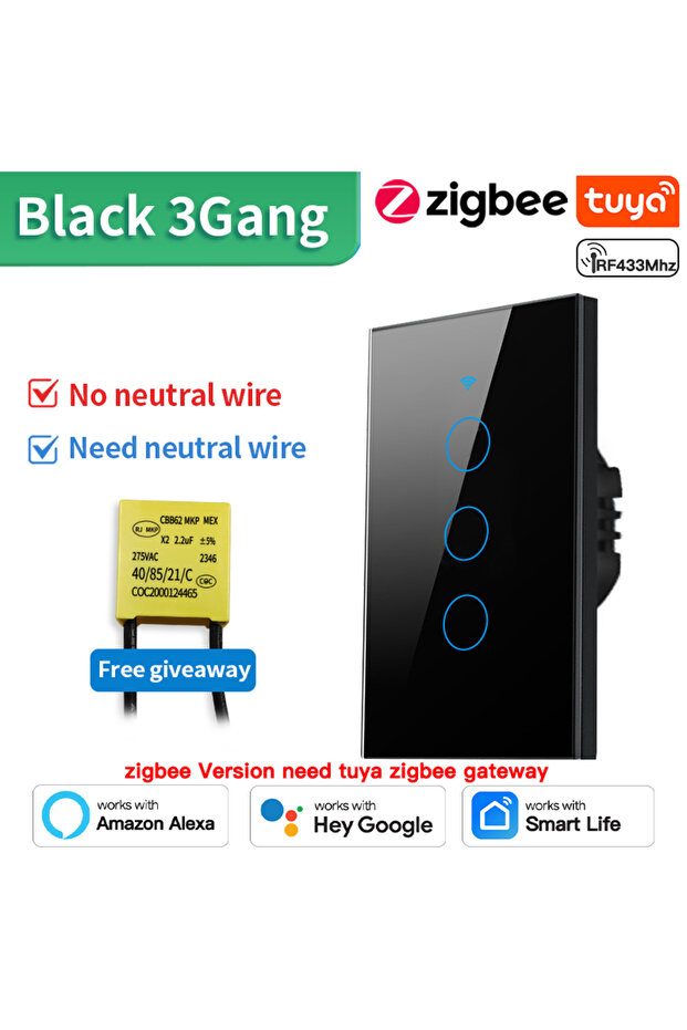 مفتاح حائط ذكي TNCE Zigbee أسود بثلاثة أزرار، متوافق مع تطبيق Tuya، يعمل بتقنية واي فاي أو زيجبي، متوفر بـ 1/2/3/4 أزرار، مع مستشعر لمس سلكي