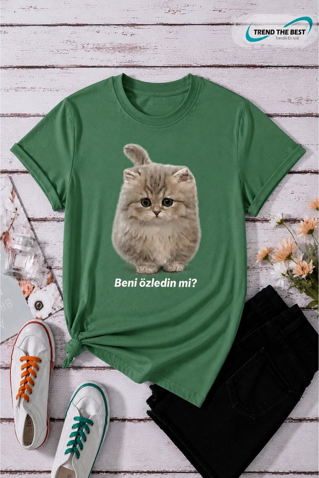 Summer I Miss You Written Cat Printed Unisex Girls and Boys Single T-Shirt