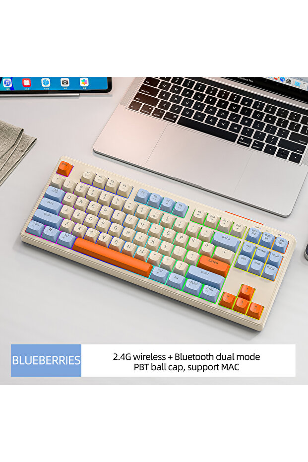 لوحة مفاتيح لاسلكية للألعاب Blueberry M87، لوحة مفاتيح بلوتوث ثنائية الوضع، 87 مفتاحًا مع إضاءة قوس قزح RGB، PB