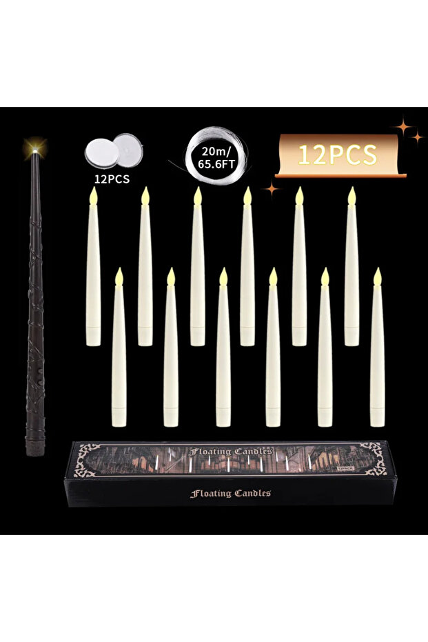 12 pack Floating Candles with Wand 12 PCs Magic Hanging Candles Flickering Warm Light Flameless Floa