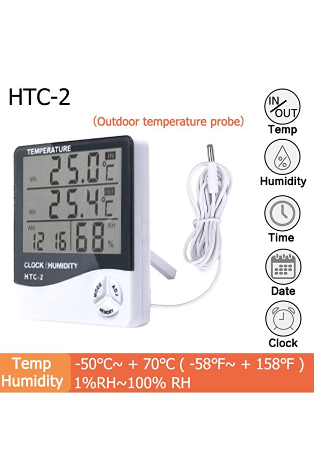 جهاز قياس درجة الحرارة والرطوبة الرقمي بشاشة LCD من HTC-2/HTC-1 للمنزل والأماكن الداخلية والخارجية