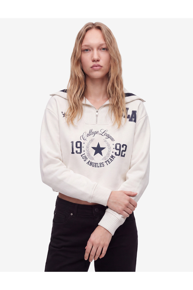 Three-Thread Ribbed Half-Zip Collar Printed Oversize Sweatshirt - 3
