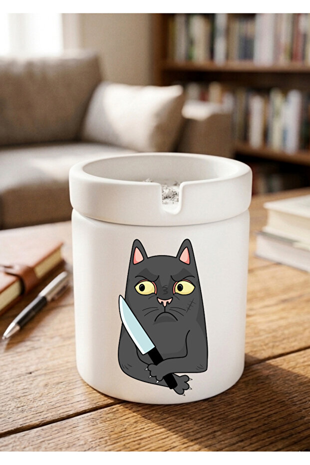 منفضة سجائر سيراميك مطبوعة بتصميم خاص من Dangerous Cat، بدون رائحة