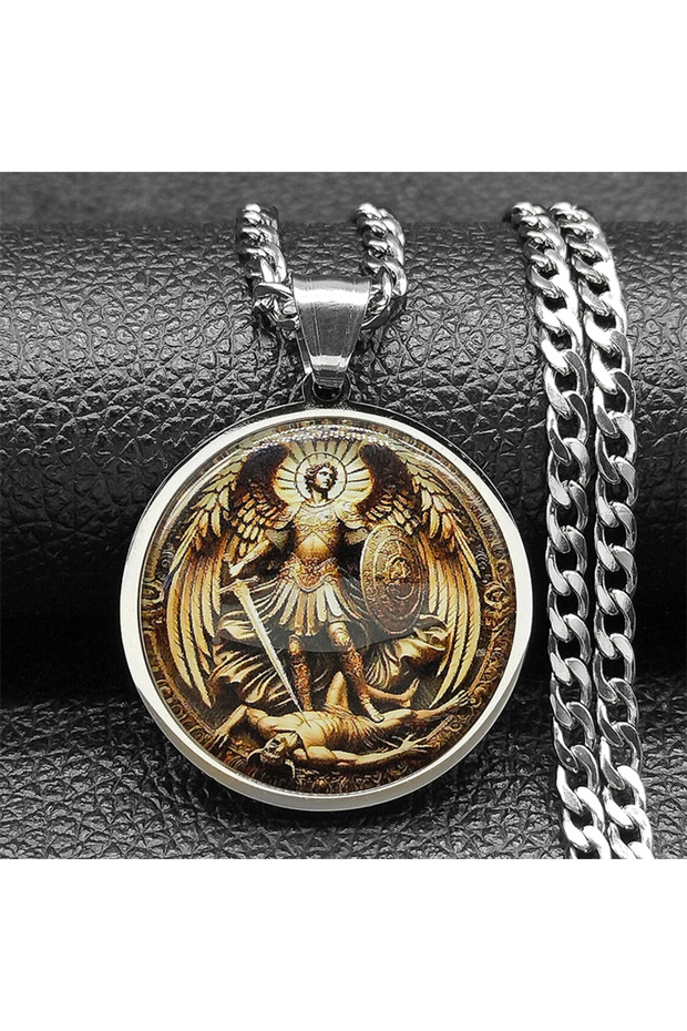 SR SAINT MICHAEL PROTECT US Archangel Stainless Steel Round Glass Medal Pendant Necklace for Women M
