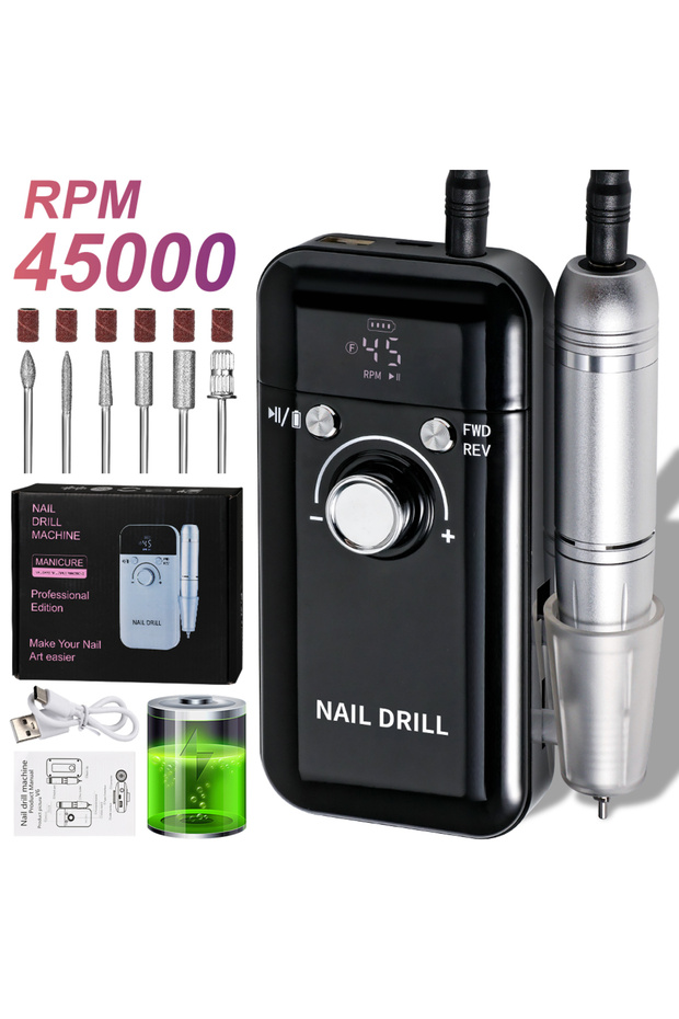 USB black 45000RPM Professional Electric Nail Drill Rechargeable Polisher with LCD Screen Suitable f