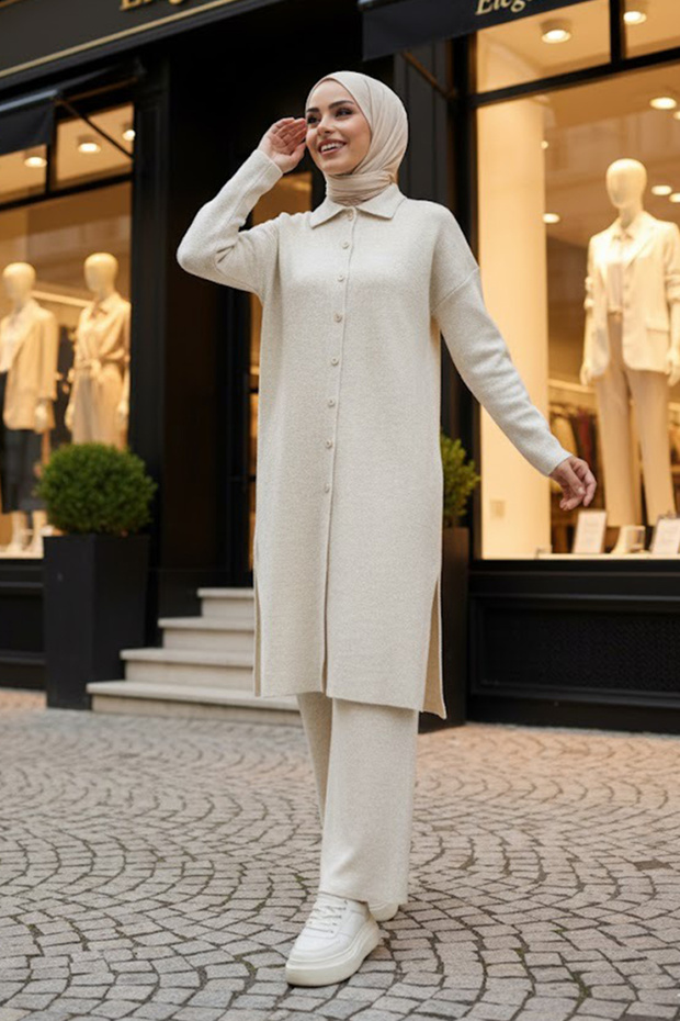 Collared Beige Hijab Knitwear Double Set 34181Bej