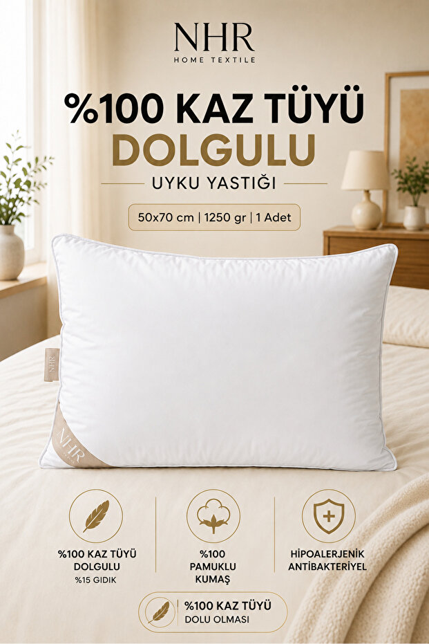 100% Goose Feather Filled, Antibacterial, Sleeping Pillow / 50X70 1250Gr / 1 Piece