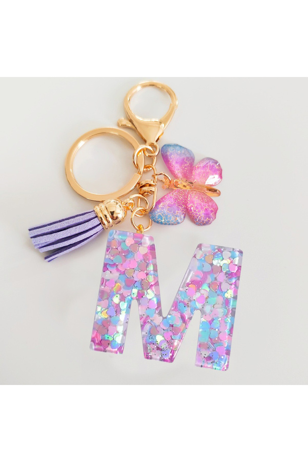 M Fashion butterfly Fringe Initial Keychain Drop Glue Blend Sequin A-Z26 Letter Keychain Cute Ladies