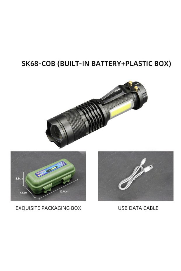 مصباح يدوي صغير SK68 مصباح يدوي صغير XPE COB خرز مصباح LED يستخدم مصدر ضوء مزدوج قابل لإعادة الشحن