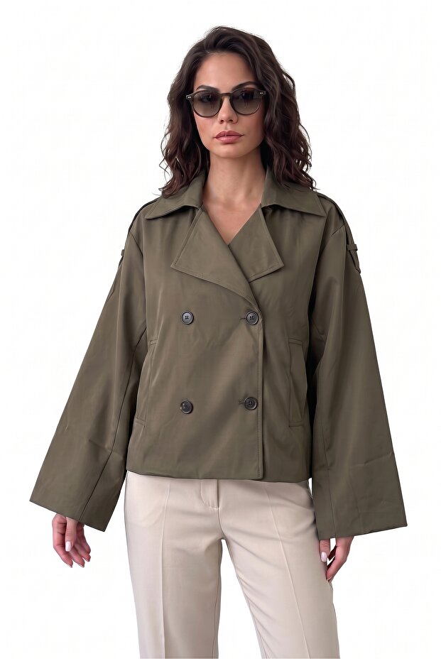 Basic Buttoned Double-Breasted Collar Khaki Trench Coat