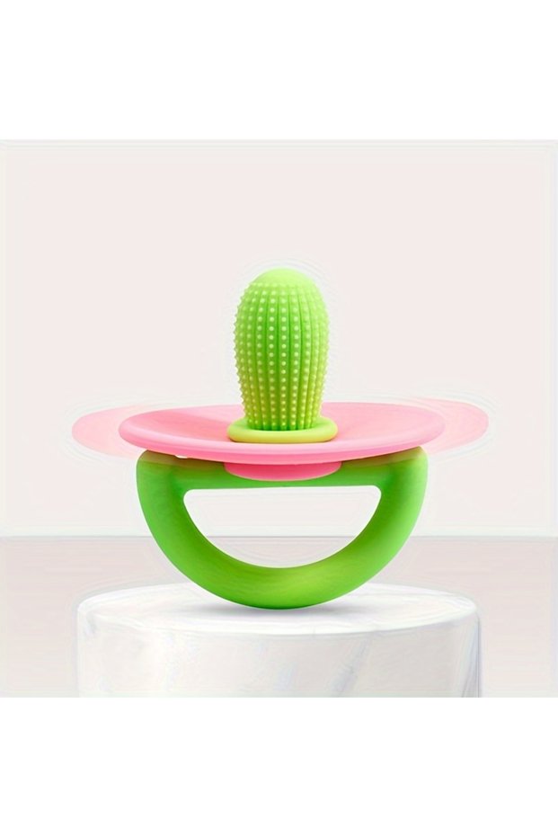 Pink Silicone Teether Ring, Pacifier Type Teething Tool, Soft Molar Stick with Massage Dot