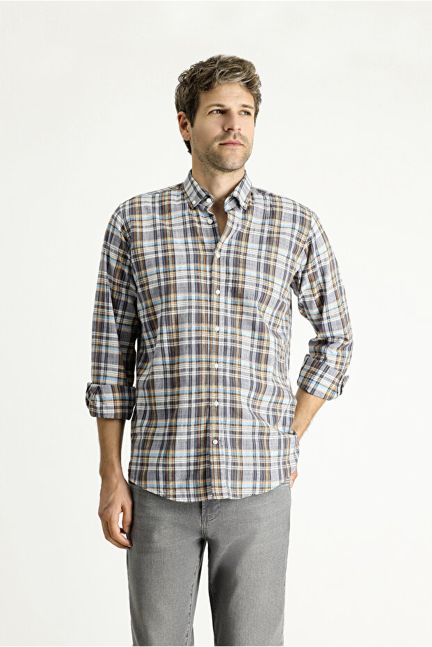 Long Sleeve Regular Fit Plaid Sports Cotton Shirt