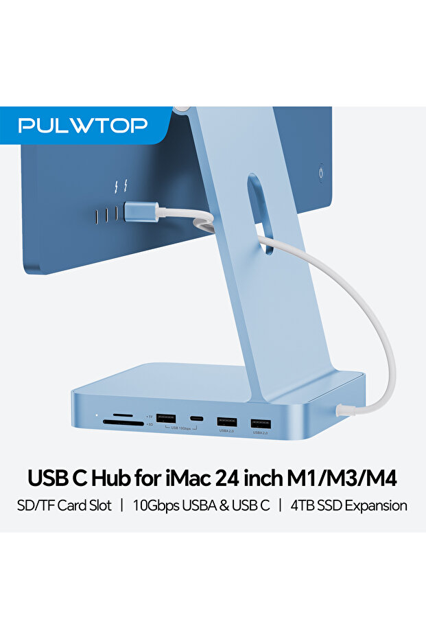 موزع USB C من PULWTOP باللون الأزرق لأجهزة iMac M1/M3/M4 مع منفذ USB C بسرعة 10 جيجابت في الثانية، ومنفذ USB A لبطاقات SD/TF، ومحطة إرساء تدعم التوسعة