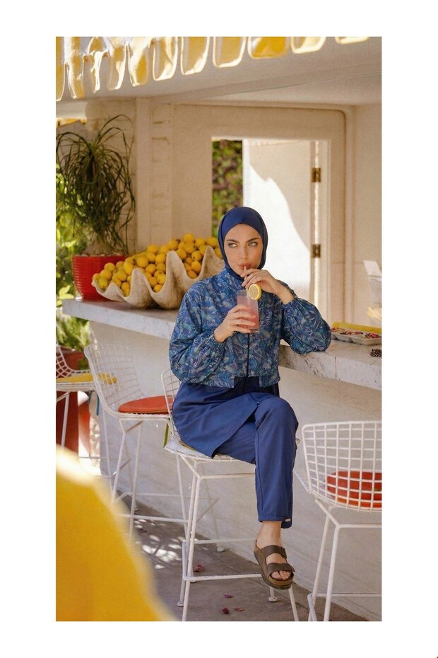 Patterned Hijab Swimsuit Set of 3 Blue