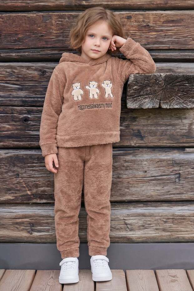 Teddy Bear Embroidered Hooded Plush Girls' 2-Piece Set