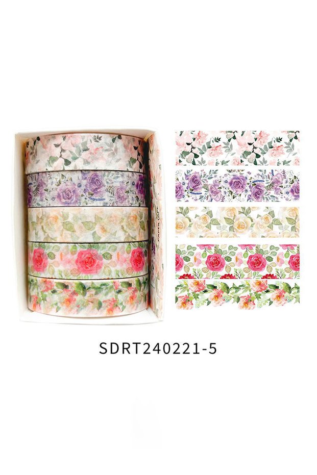 JDX-868 5 Rolls of Boxed Romantic Flower Handbook Tape, Cute DIY Fresh Decorative Washi Tape for Stu