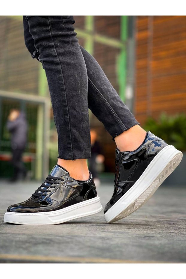 Kb-X8 Kuback Black Patent Leather Detailed White High Sole Casual Sports Shoes