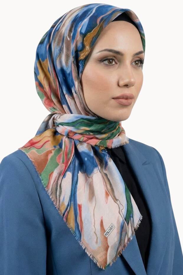 Women's Blue Beige Abstract Patterned Cotton Flared Scarf