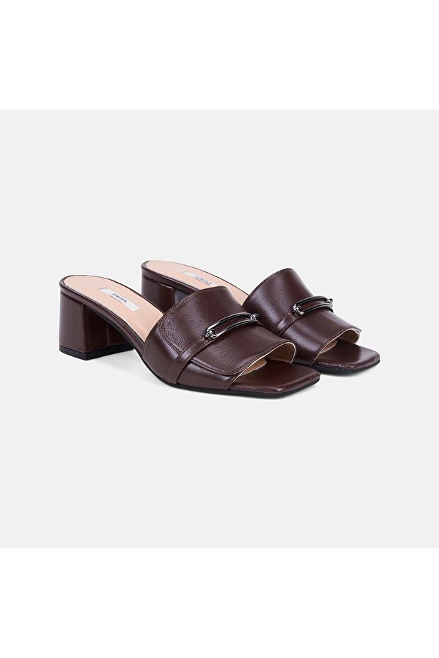 Women's Bitter Brown Metal Buckle Heeled Leather Slippers