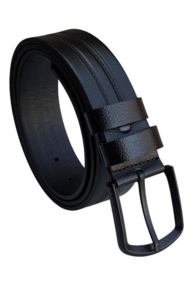 Black Genuine Leather with Stripe Pattern in the Middle Model 4 Cm. Wide Sports Belt // 400-42