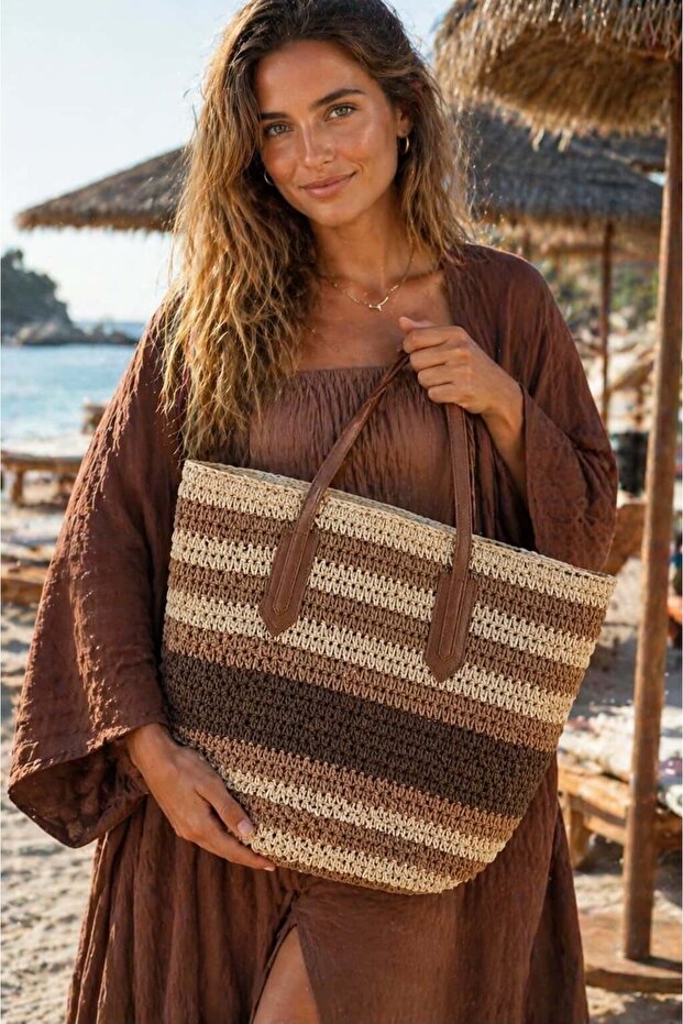Camel Leather Handle Striped Straw Women's Bag 45X35 cm