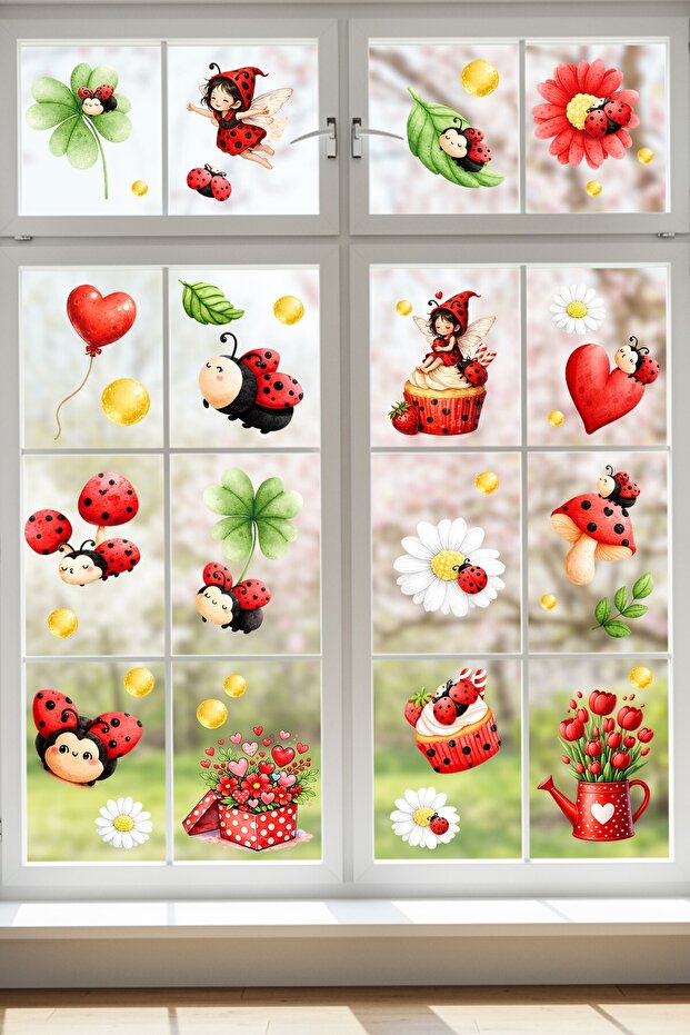 Ladybug Double-Sided Glass Sticker Set 44 Pieces | Cute Daisy, Heart and Fairy Figure Glass Sticker