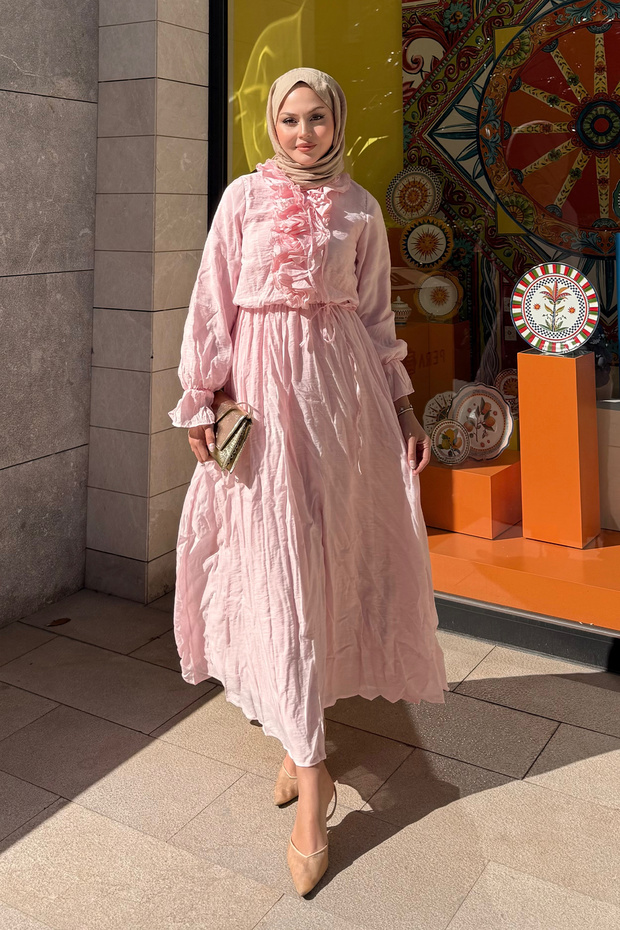 Women's Ruffled Front Waist Tie Tulle Dress Pink