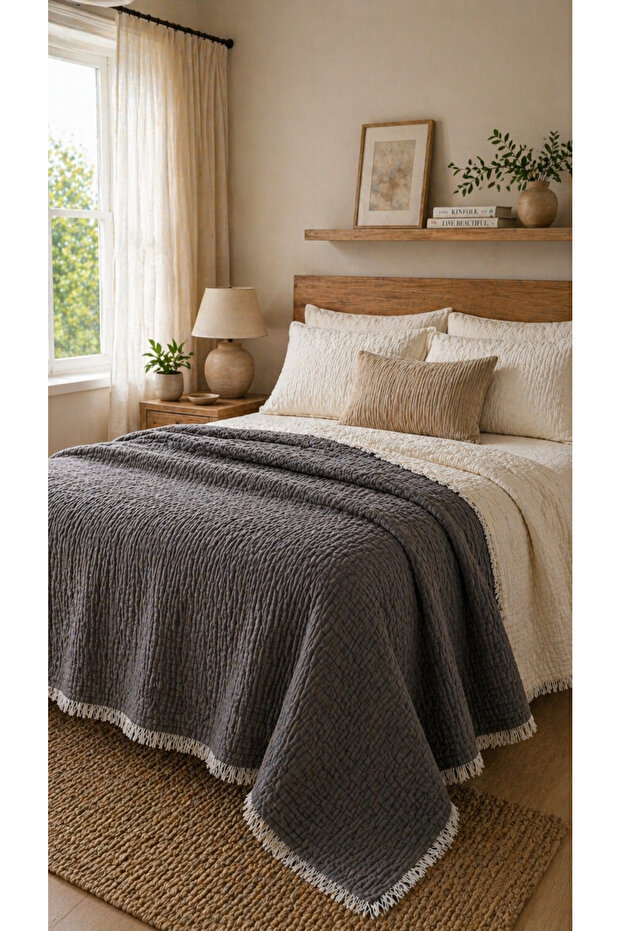 100% Cotton 8 Layer Muslin Blanket Quilt Pique 220*240 Bedspread Gray