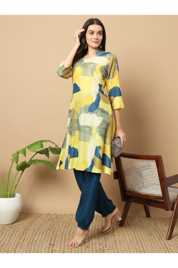 Yellow & Blue Muslin Printed Kurta with Patiyala Set - PMM12939