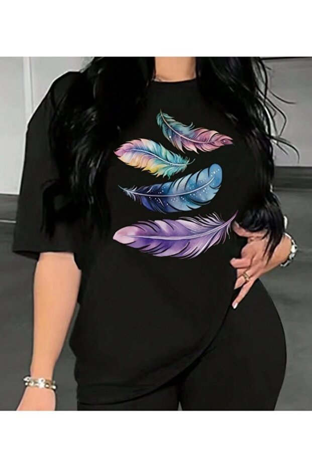 Unisex colorful feather printed premium oversize t-shirt