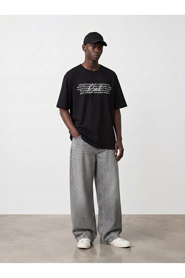 Silver Logo Printed Regular Black T-Shirt