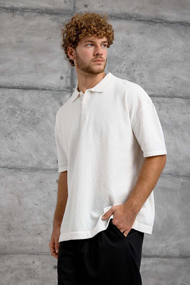 Men's T-Shirt Dp Collar Button Polo White Oversize Knitwear Fabric - 5