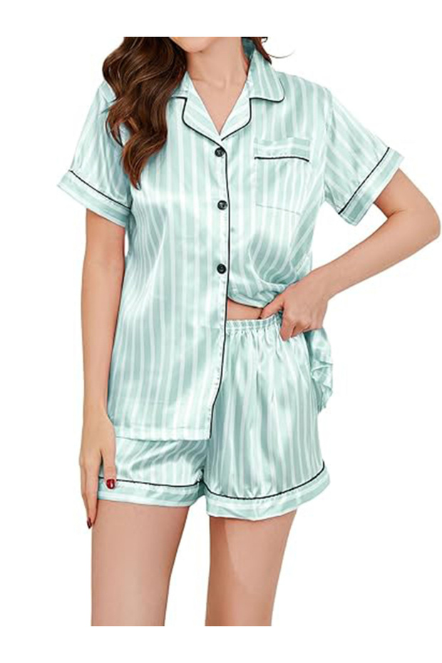 Green Striped Piping Shirt and Shorts Set