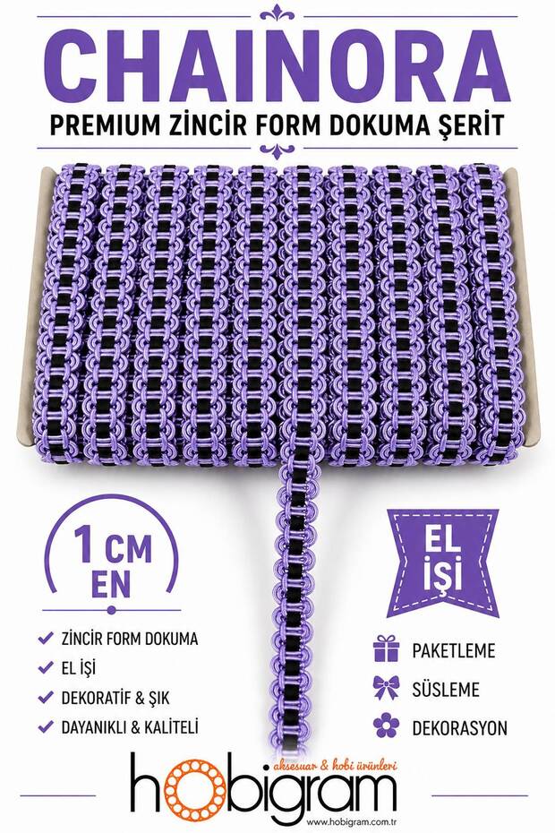 Lila Siyah Chainora Premium Chain Form Woven Decorative Ribbon – 5 Meters