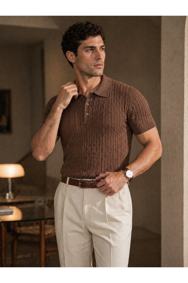 Men's Brown Hair Knit Patterned Knitwear Polo T-Shirt