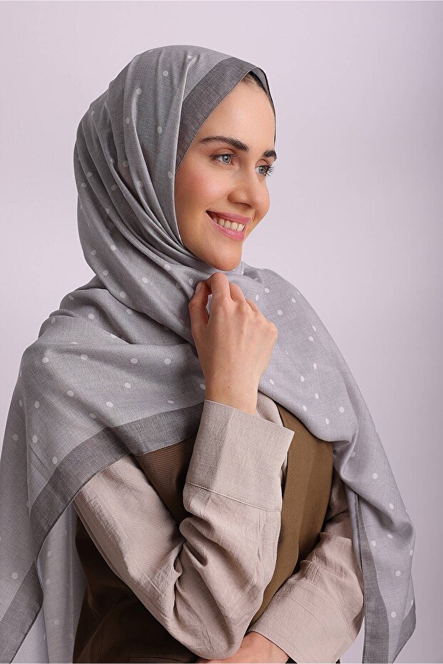 شال منقوش من جانب واحد - رمادي