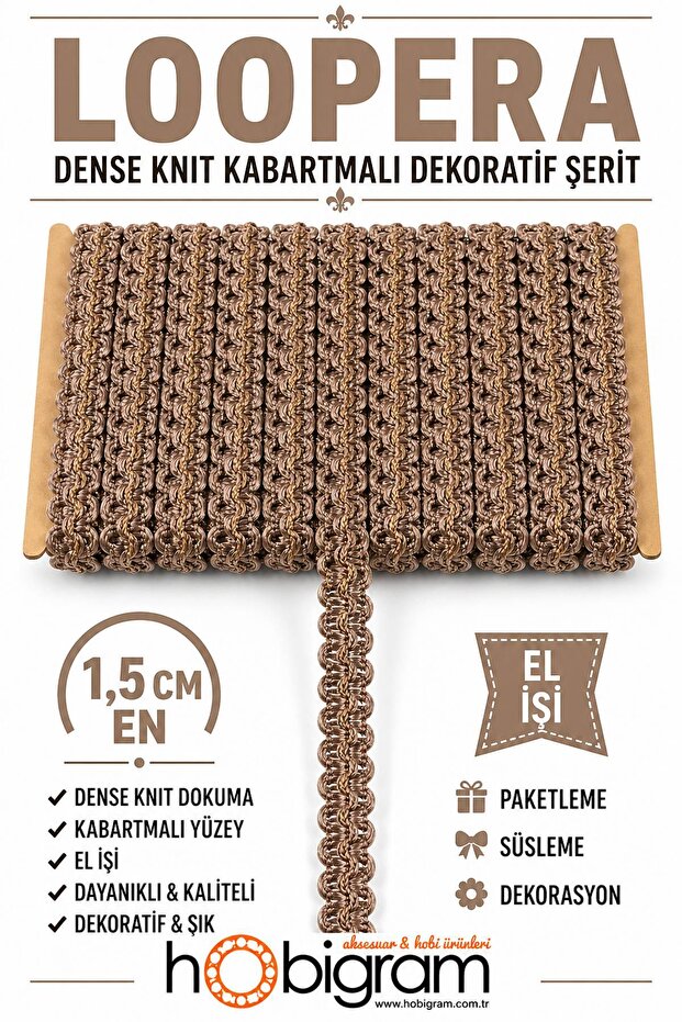 Light Brown Loopera Dense Knit Embossed Decorative Ribbon – Premium Handcrafted Ornament 5 Meters
