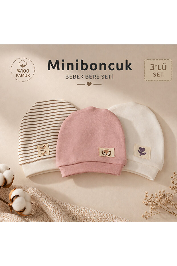 0-6 Months Baby Beanie Set 3-Piece Cotton Soft Hat