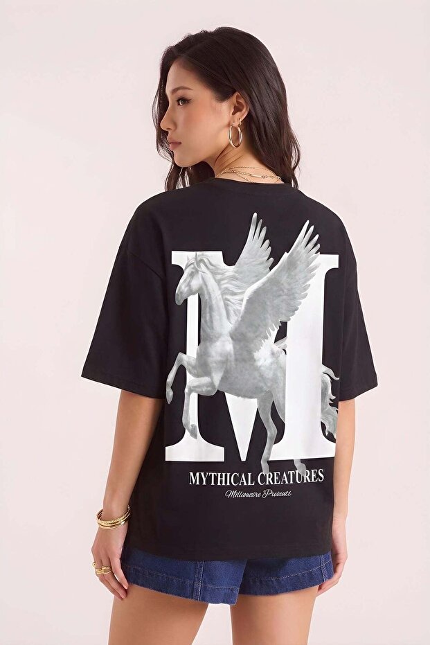 Women's Oversize Casual T-Shirt Crew Neck Mythical Pegasus Printed Black
