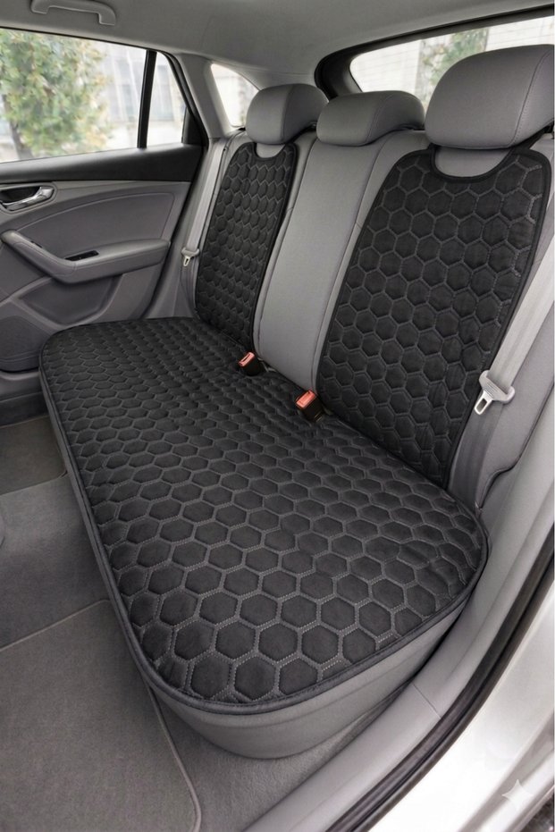 Hyundai İ20 Compatible Anti-Slip Base Auto Seat Cushion Set - 5-Piece Full Set - Sponge-Backed - Quilted - Anti-Sweat Fabric - Practical Installation (Black-Grey)