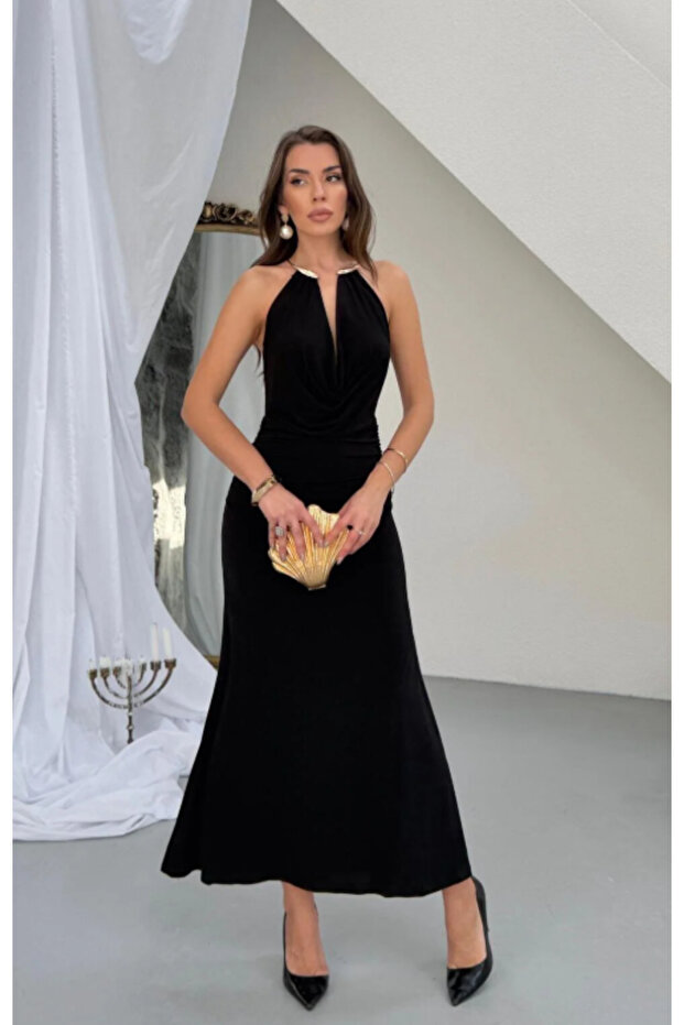 Midi Length Dress with Degaje Collar Accessory Detail