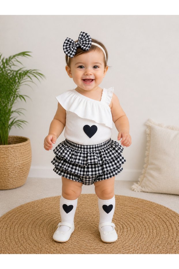 Baby Girl Black Pitikare Patterned Ruffle Shorts Black Heart Felt White Single Sleeve and Black Heart Felt Socks Set