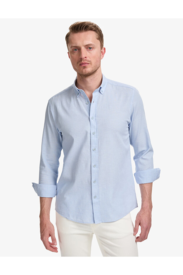 Light Blue Linen Blend Regular Fit Long Sleeve Shirt 50320941-Vr003