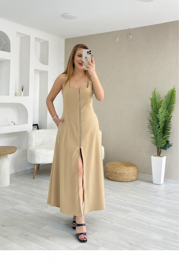 Women's Strap Square Neck Front Zipper Wide Cut Janjan Crepe Dress