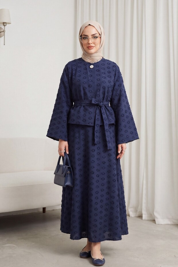 Single Button Embossed Embroidered Tie-Up Voile Crepe Suit - Dark Blue