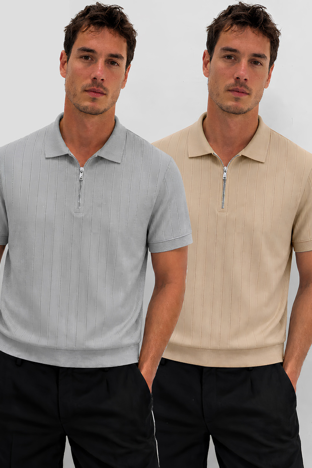 Men's Zippered Polo Collar Knitwear T-Shirt Regular Striped Textured Short Sleeve Summer Basic T-Shirt New Season