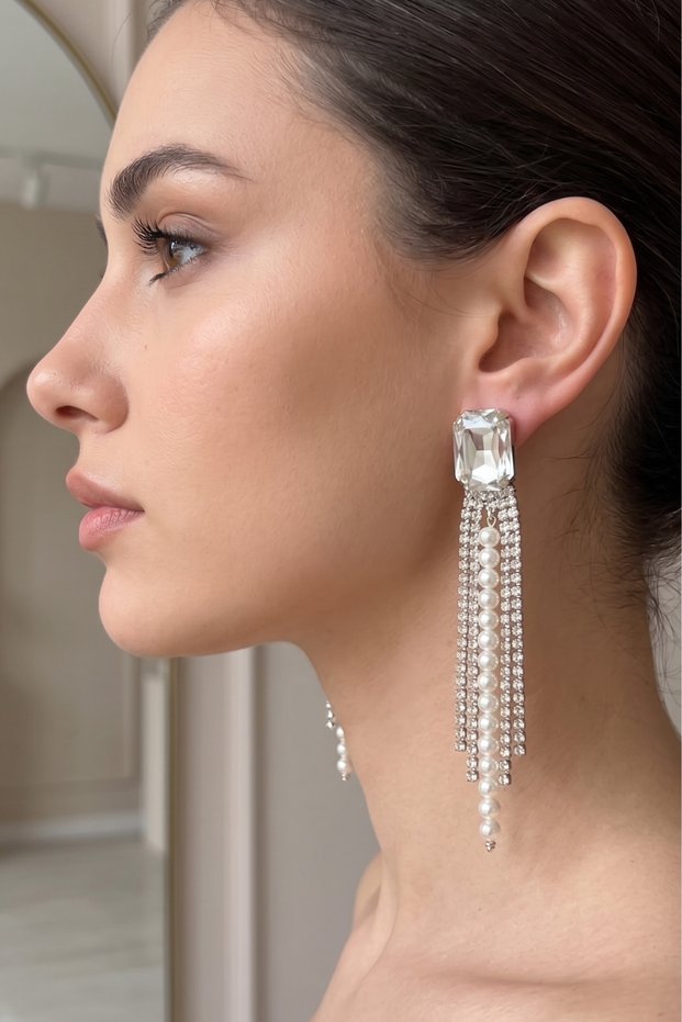 Pearl Zircon Waterway Fringed Evening Dress Long Earrings 9 Cm.